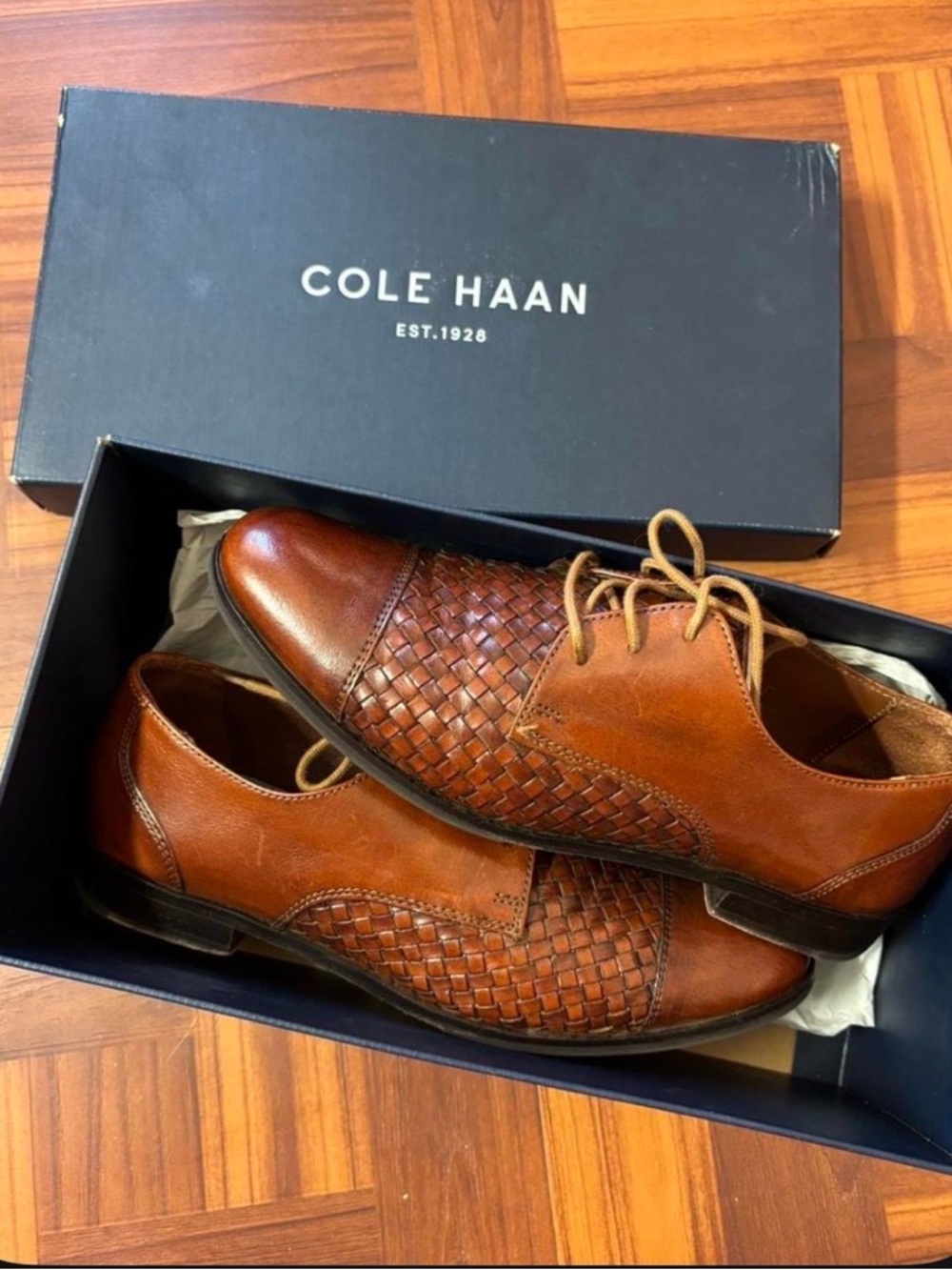 Cole Haan Tan Woven Leather Derby Shoes